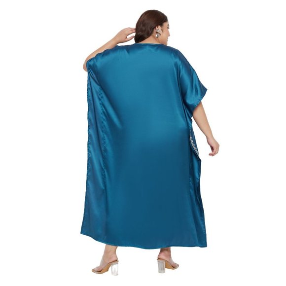 Gypsie Blu Solid Satin Embroidery Corsair Blue Women Kaftan Dress Plus Size Maxi - Picture 5 of 6